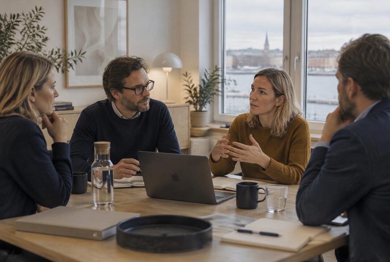 Fire kolleger i en rolig, engasjert samtale rundt et bord i et lyst rom